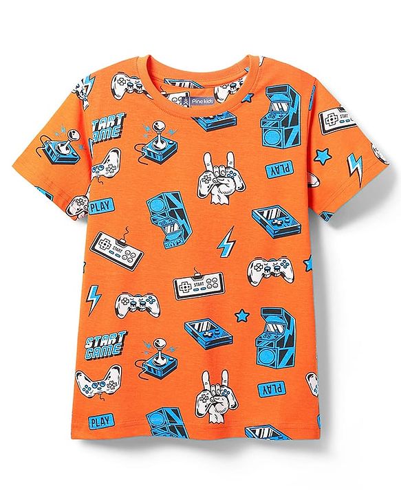Pine Kids Single Jersey Knit Half Sleeves Co-ords Night Suit With Game Print - Orange