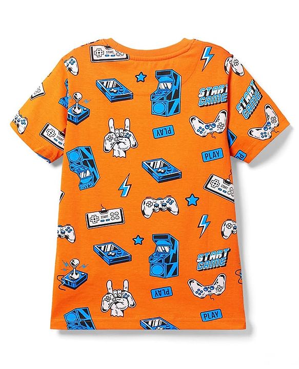 Pine Kids Single Jersey Knit Half Sleeves Co-ords Night Suit With Game Print - Orange