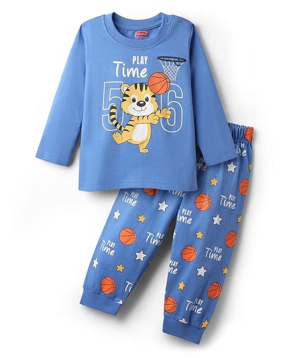 Babyhug Cotton Knit Full Sleeves Night Suit With Tiger & Basketball Print - Blue