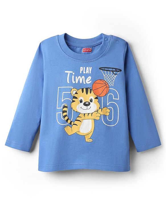 Babyhug Cotton Knit Full Sleeves Night Suit With Tiger & Basketball Print - Blue