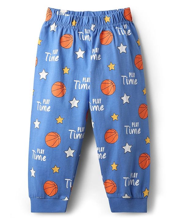 Babyhug Cotton Knit Full Sleeves Night Suit With Tiger & Basketball Print - Blue
