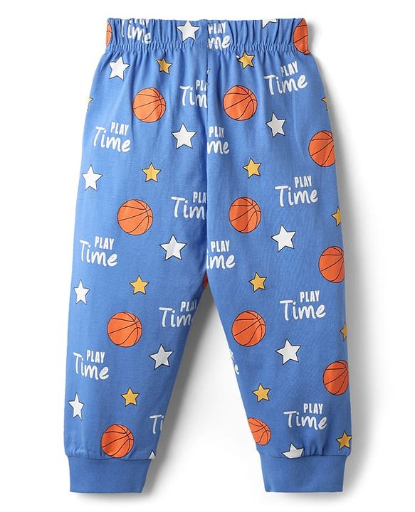 Babyhug Cotton Knit Full Sleeves Night Suit With Tiger & Basketball Print - Blue