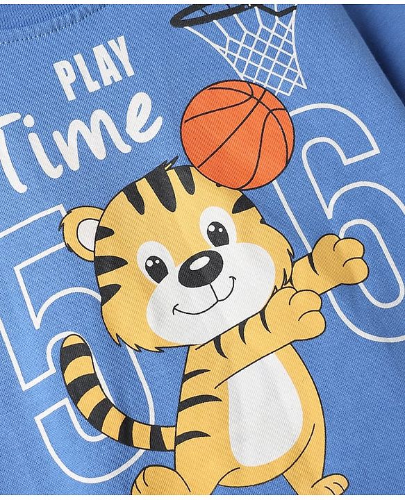 Babyhug Cotton Knit Full Sleeves Night Suit With Tiger & Basketball Print - Blue