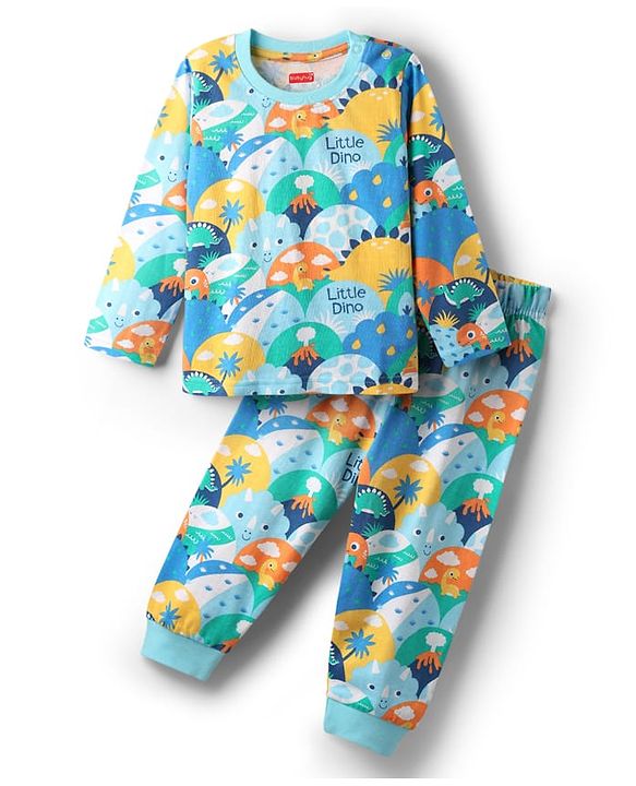 Babyhug Cotton Knit Full Sleeves Co-Ord Night Suit With Dino Print - Multicolor
