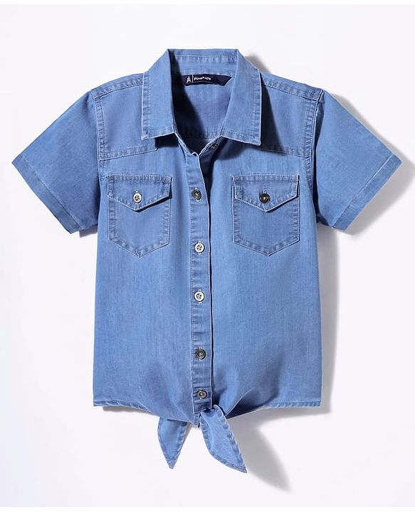 Pine Kids Cotton Woven Half Sleeves Solid Color Knotted Top - Light Blue