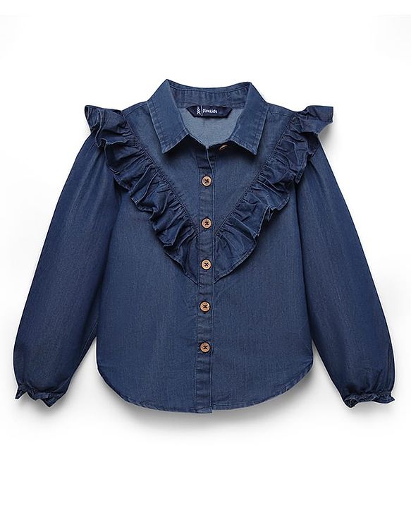 Pine Kids Cotton Woven Full Sleeves Solid Color Collared Top with Frill Detailing - Navy Blue