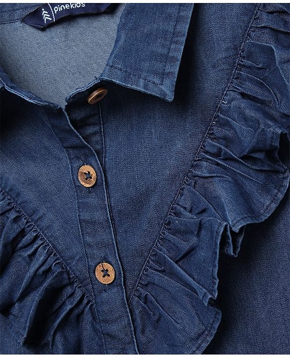 Pine Kids Cotton Woven Full Sleeves Solid Color Collared Top with Frill Detailing - Navy Blue