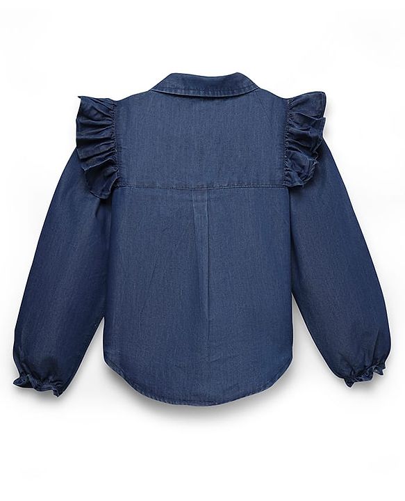 Pine Kids Cotton Woven Full Sleeves Solid Color Collared Top with Frill Detailing - Navy Blue