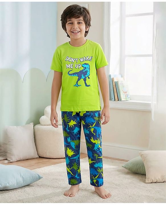 Pine Kids Single Jersey Knit Half Sleeves Night Suit With Dino Print - Lime Green & Navy Blue