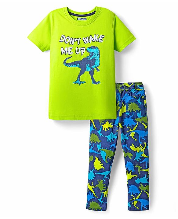 Pine Kids Single Jersey Knit Half Sleeves Night Suit With Dino Print - Lime Green & Navy Blue