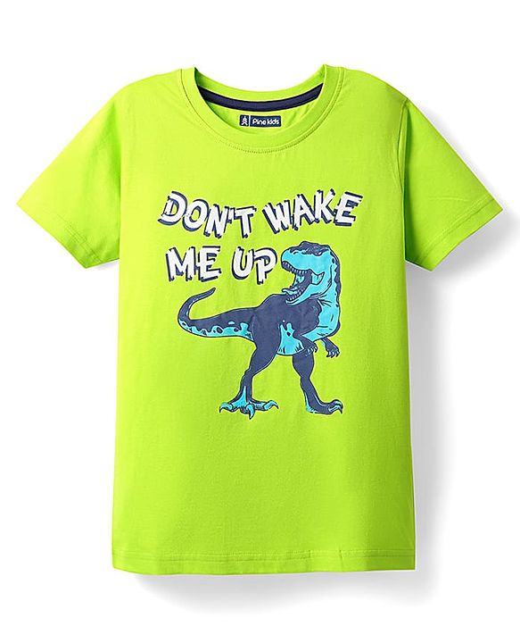 Pine Kids Single Jersey Knit Half Sleeves Night Suit With Dino Print - Lime Green & Navy Blue