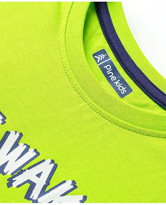 Pine Kids Single Jersey Knit Half Sleeves Night Suit With Dino Print - Lime Green & Navy Blue