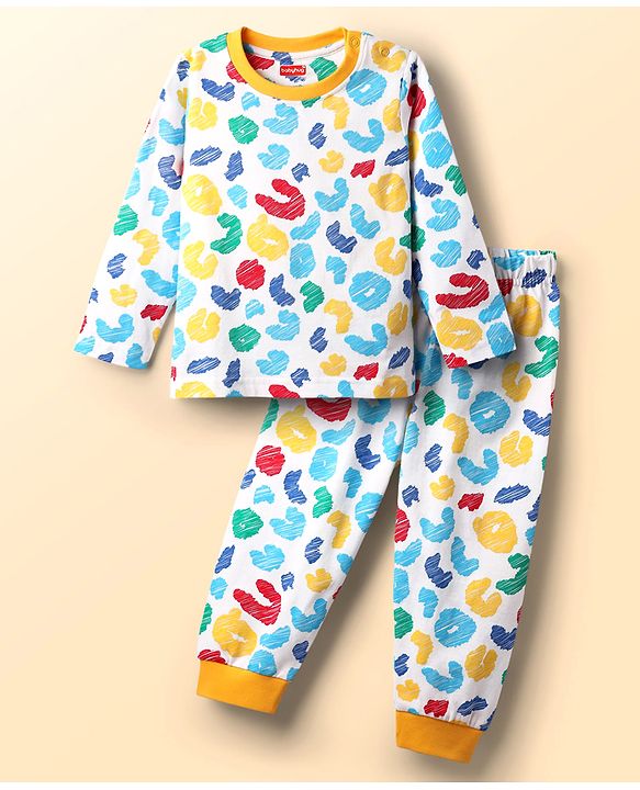 Babyhug Cotton Knit Full Sleeves Printed Co-Ord Night Suit - White
