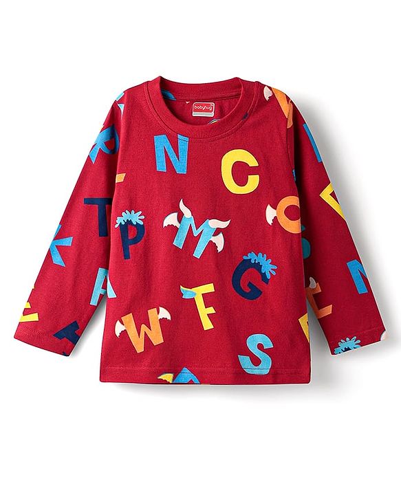 Babyhug Cotton Knit Full Sleeves Co-Ord Night Suit With Alphabet Print - Red