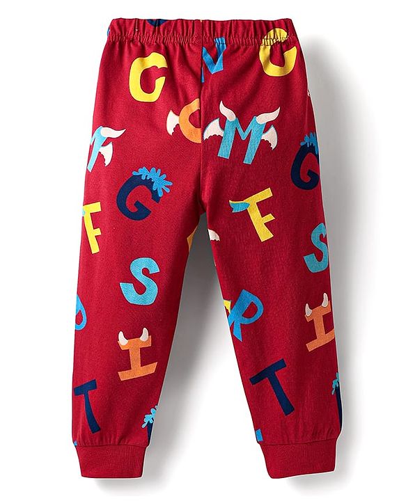 Babyhug Cotton Knit Full Sleeves Co-Ord Night Suit With Alphabet Print - Red