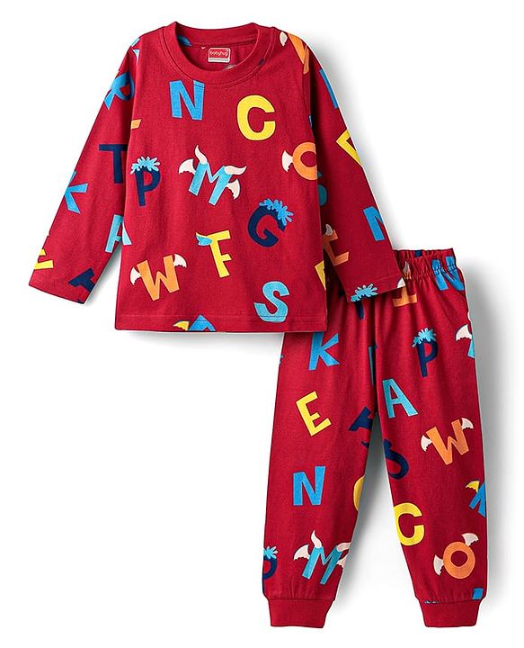 Babyhug Cotton Knit Full Sleeves Co-Ord Night Suit With Alphabet Print - Red