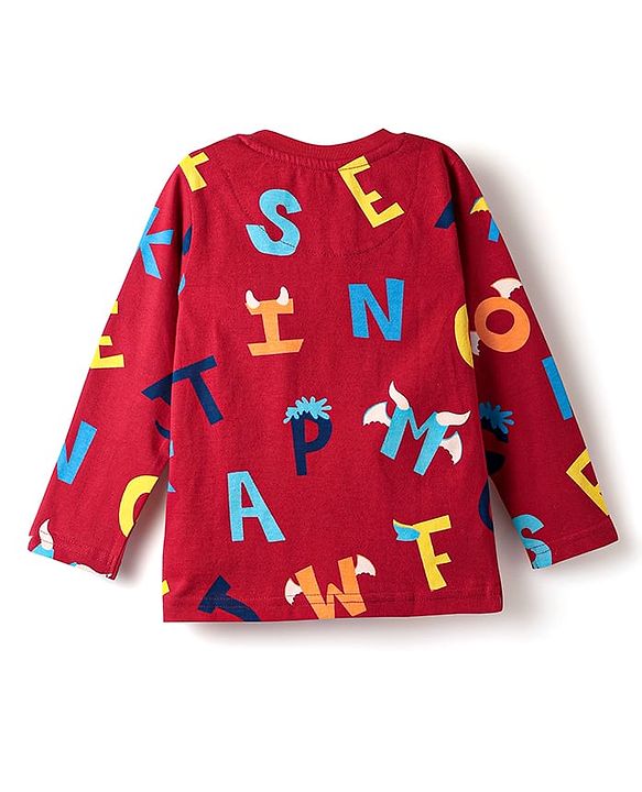 Babyhug Cotton Knit Full Sleeves Co-Ord Night Suit With Alphabet Print - Red