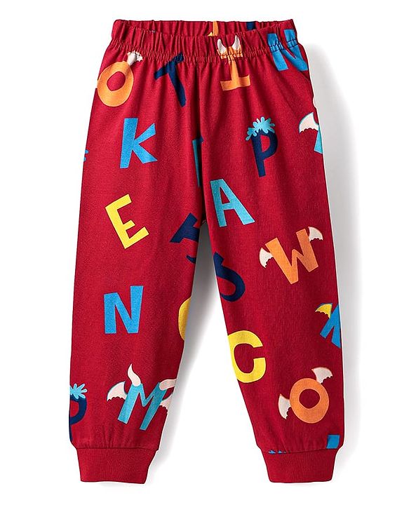 Babyhug Cotton Knit Full Sleeves Co-Ord Night Suit With Alphabet Print - Red