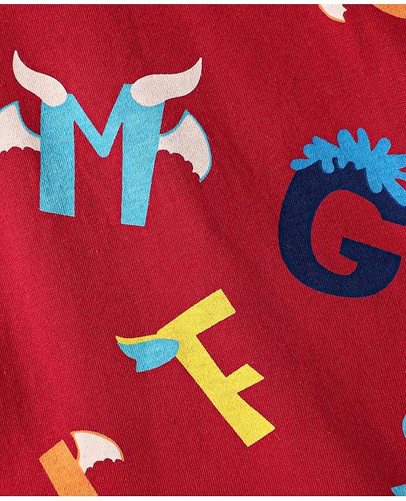 Babyhug Cotton Knit Full Sleeves Co-Ord Night Suit With Alphabet Print - Red