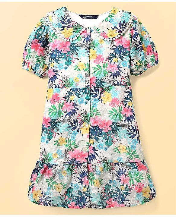 Pine Kids Cotton Woven Half Sleeves Frock With Floral Print - Multicolor