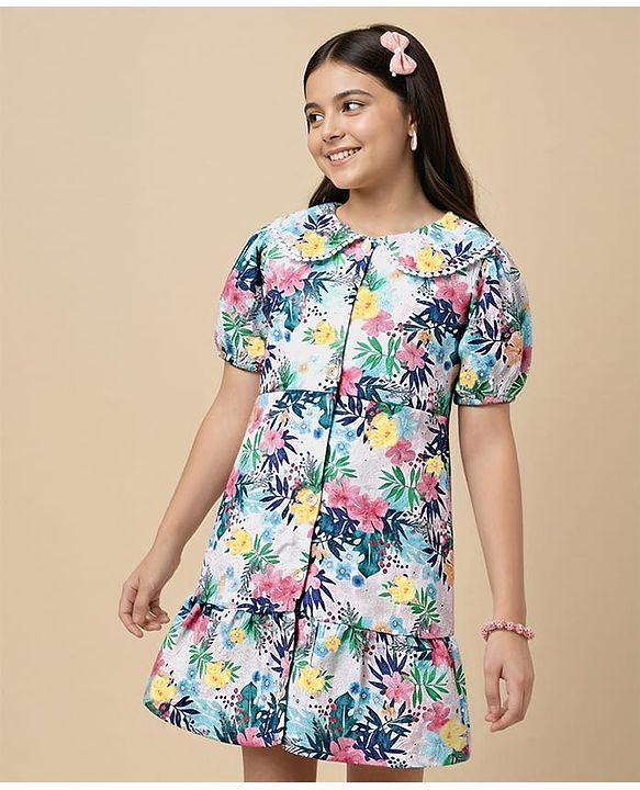 Pine Kids Cotton Woven Half Sleeves Frock With Floral Print - Multicolor