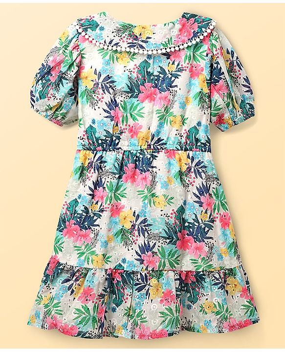 Pine Kids Cotton Woven Half Sleeves Frock With Floral Print - Multicolor