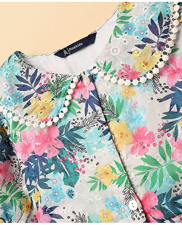 Pine Kids Cotton Woven Half Sleeves Frock With Floral Print - Multicolor