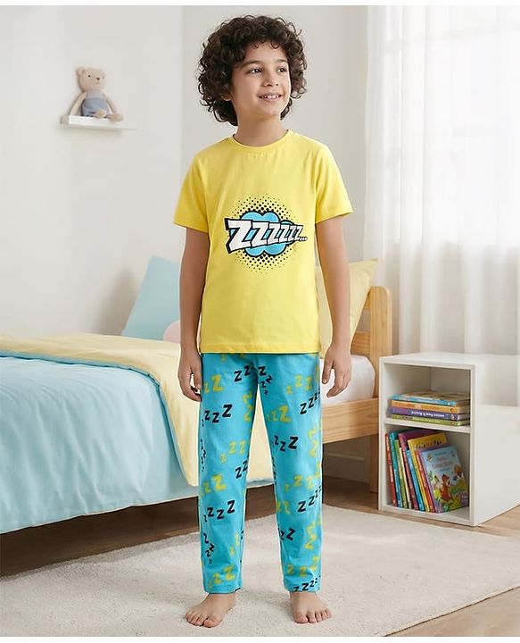 Pine Kids Single Jersey Knit Half Sleeves Co-Ord Night Suit with Text Zzzzz Text Print - Yellow & Light Blue