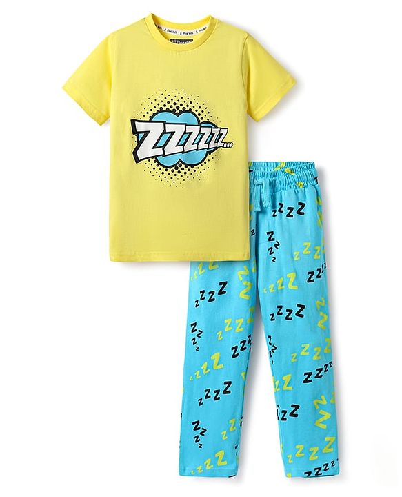 Pine Kids Single Jersey Knit Half Sleeves Co-Ord Night Suit with Text Zzzzz Text Print - Yellow & Light Blue