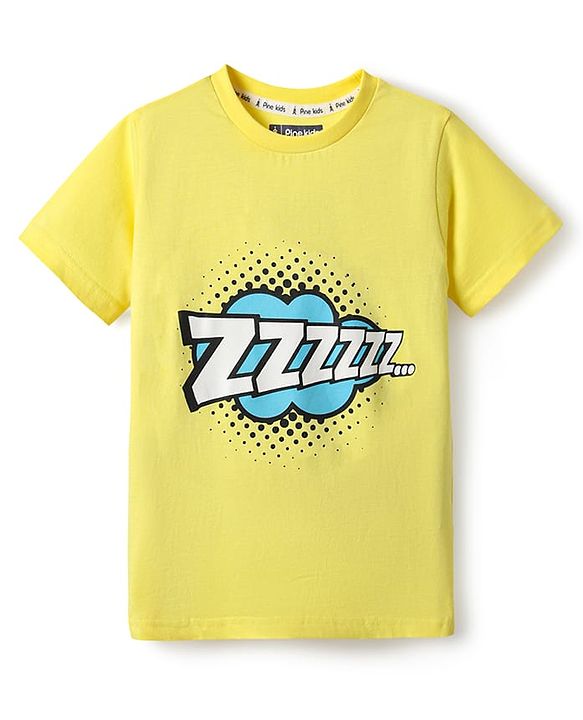 Pine Kids Single Jersey Knit Half Sleeves Co-Ord Night Suit with Text Zzzzz Text Print - Yellow & Light Blue