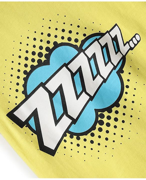 Pine Kids Single Jersey Knit Half Sleeves Co-Ord Night Suit with Text Zzzzz Text Print - Yellow & Light Blue