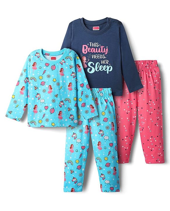 Babyhug Cotton Knit Full Sleeves Co-Ord Night Suits With Fairy Print Pack of 2 - Multicolor