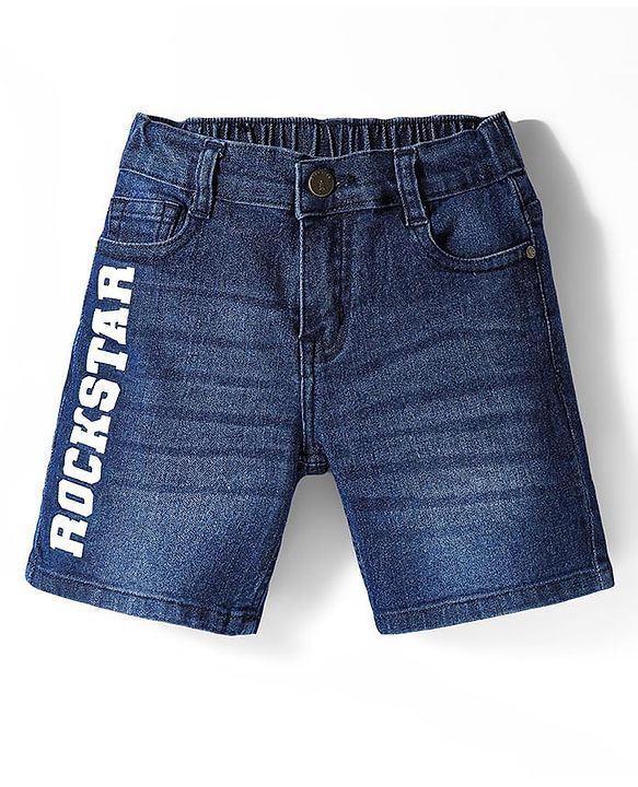 Pine Kids Denim Woven Above Knee Length Washed Shorts With Text Prints - Navy Blue