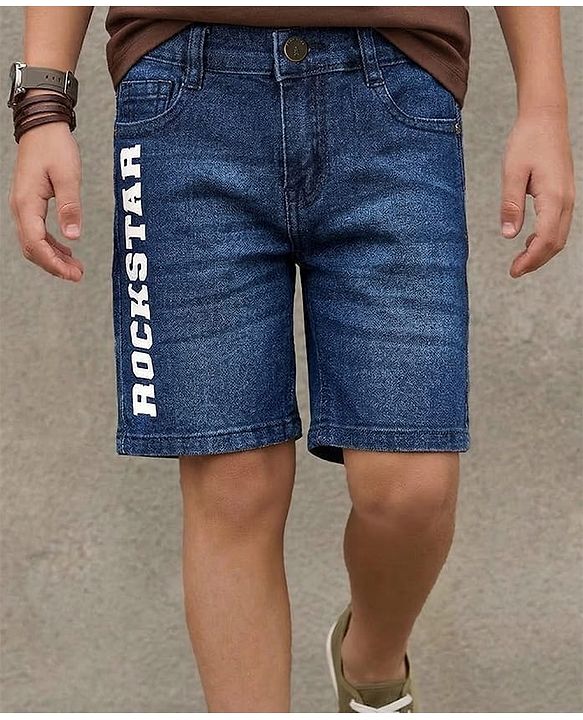 Pine Kids Denim Woven Above Knee Length Washed Shorts With Text Prints - Navy Blue