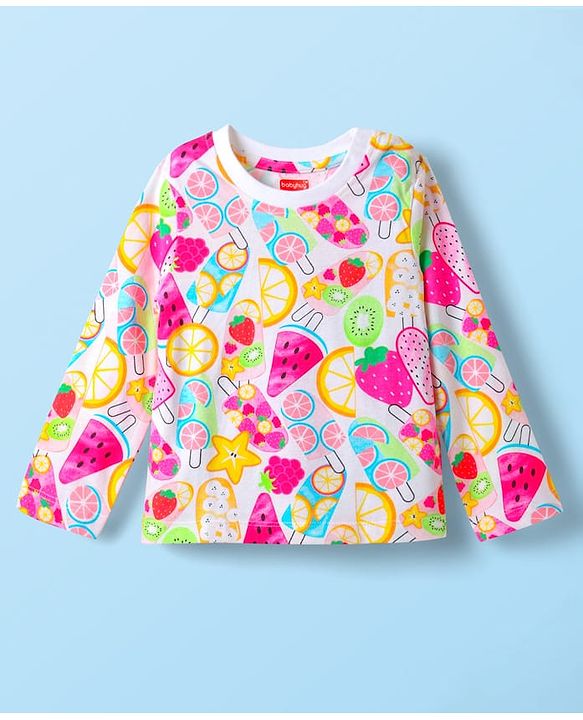 Babyhug Cotton Knit Full Sleeves Co-ords Night Suit With Tropical Theme & Heart Print Pack Of 2 - Pink & White