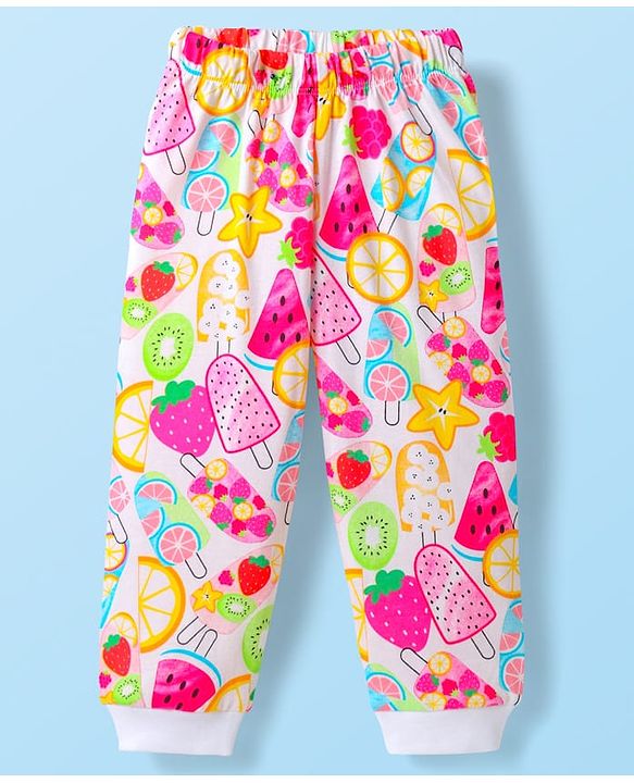 Babyhug Cotton Knit Full Sleeves Co-ords Night Suit With Tropical Theme & Heart Print Pack Of 2 - Pink & White