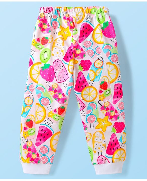 Babyhug Cotton Knit Full Sleeves Co-ords Night Suit With Tropical Theme & Heart Print Pack Of 2 - Pink & White