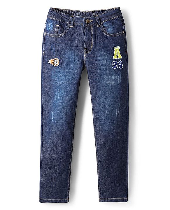 Pine Kids Denim Woven Full Length Washed Jean with Sporty Patch - Navy Blue