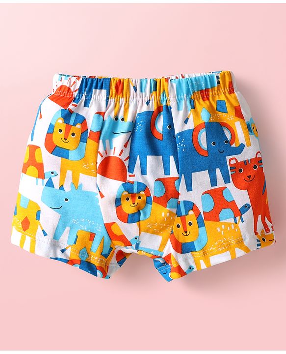 Babyhug 100% Cotton Above Knee Length Animal Printed & Striped Trunk Pack Of 3 - Blue Orange & Light Blue