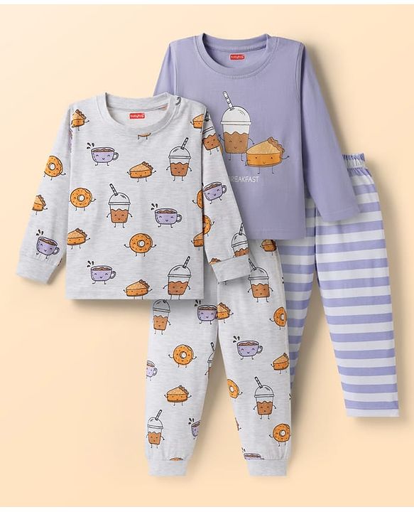 Babyhug Cotton Knit Full Sleeves Printed Co-Ord Night Suits Pack of 2 - White & Purple