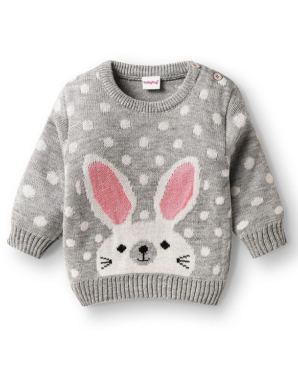 Babyhug Knitted Full Sleeves Sweater Set With Bunny & Polka Dot Print - Grey