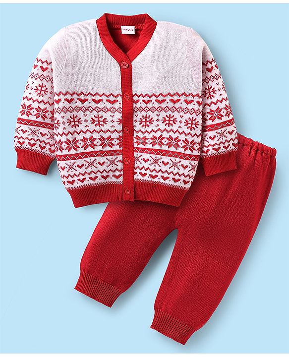 Babyhug Knitted Full Sleeves Solid Color Sweater Set with Cable Knit Design - Red