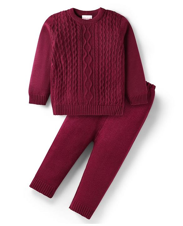 Babyhug Knitted Full Sleeves Sweater Set with Cable Knit Design - Wine
