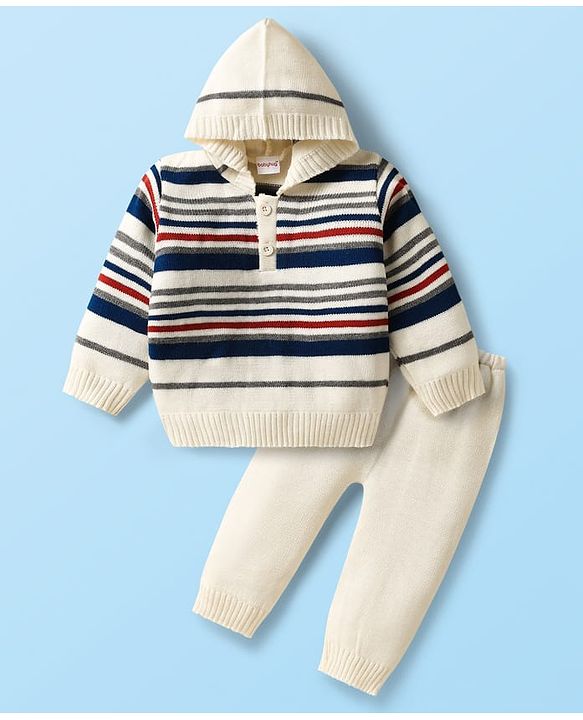 Babyhug Knitted Full Sleeves Striped Sweater Set With Hood - White & Navy Blue