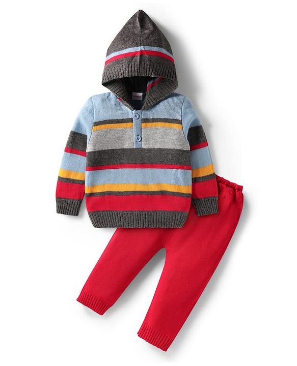 Babyhug Cotton Knit Full Sleeves Striped T-Shirt - Blue & Red