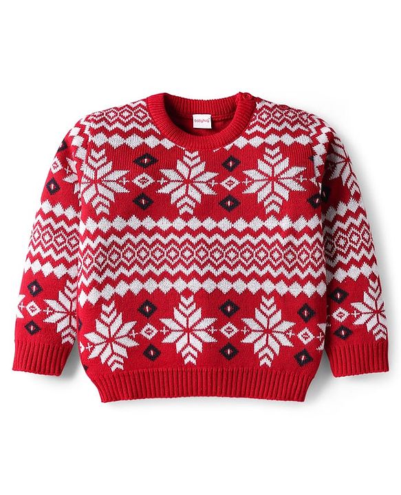 Babyhug Knit Full Sleeves Pullover Sweater Set With Floral Design - Red & Navy Blue