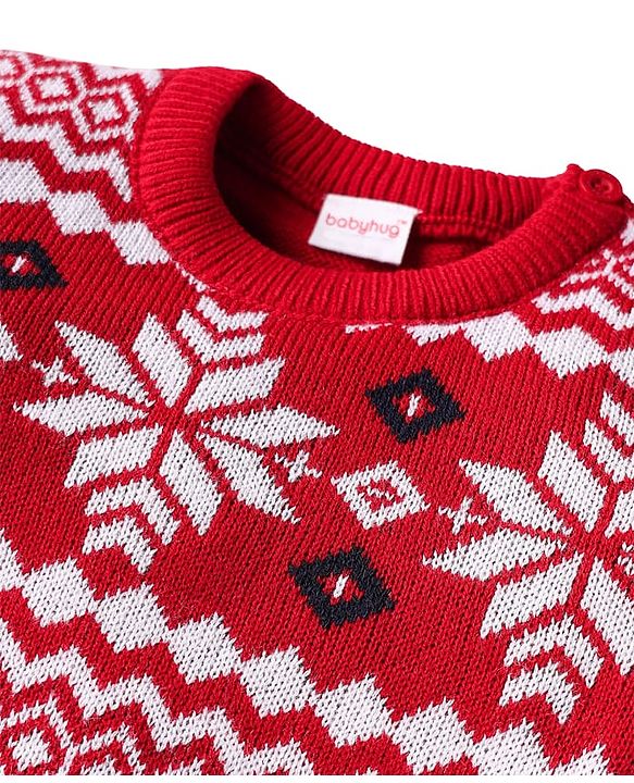 Babyhug Knit Full Sleeves Pullover Sweater Set With Floral Design - Red & Navy Blue