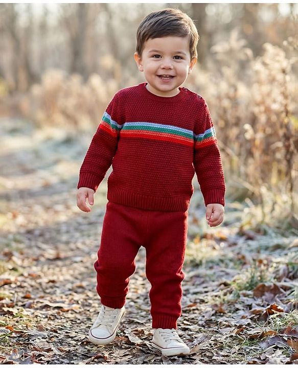 Babyhug Knit Full Sleeves Pullover Sweater Set with Stripes - Wine