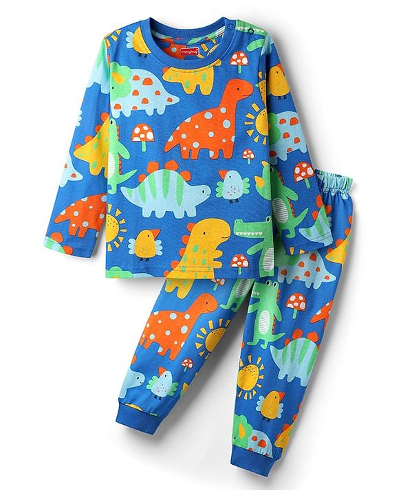 Babyhug Cotton Knit Full Sleeves Co-Ord Night Suit With Dino Print - Blue