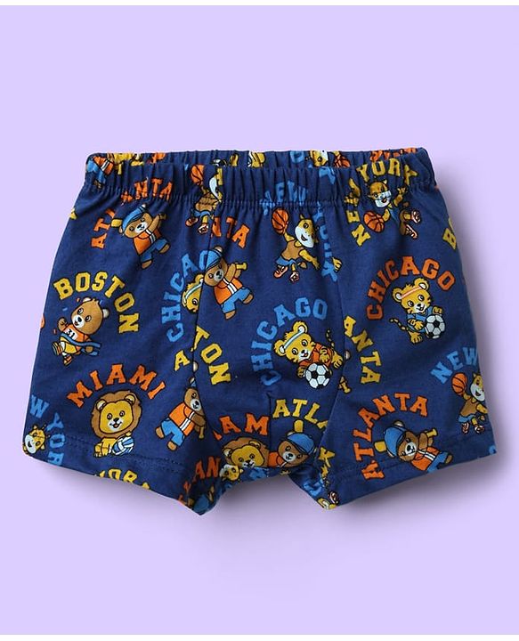 Babyhug 100% Cotton Single Jersey Knit Trunks With Stripes & Animal Print Pack Of 3 - Yellow Navy Blue & Royal Blue